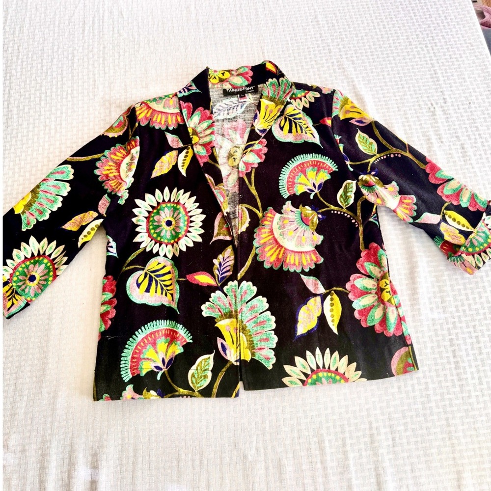 Painted Pony Vintage Floral Jacket Black Cotton Art to Wear Blazer Womens Large